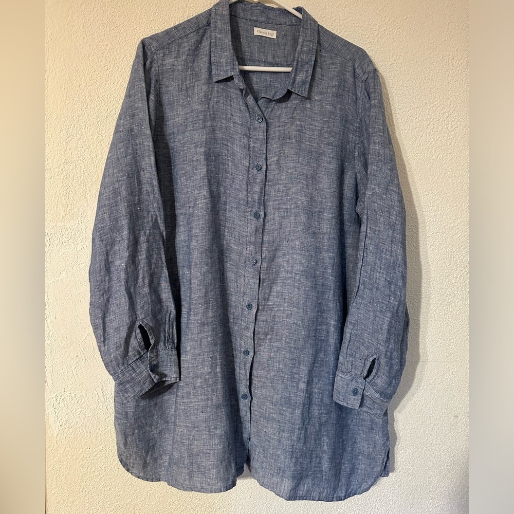 Garnet Hill Dress Blue Linen Long Sleeve Button Up Tunic Button Cuffs Size L